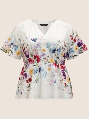 Bloomchic White Floral V-Neck Peplum Blouse